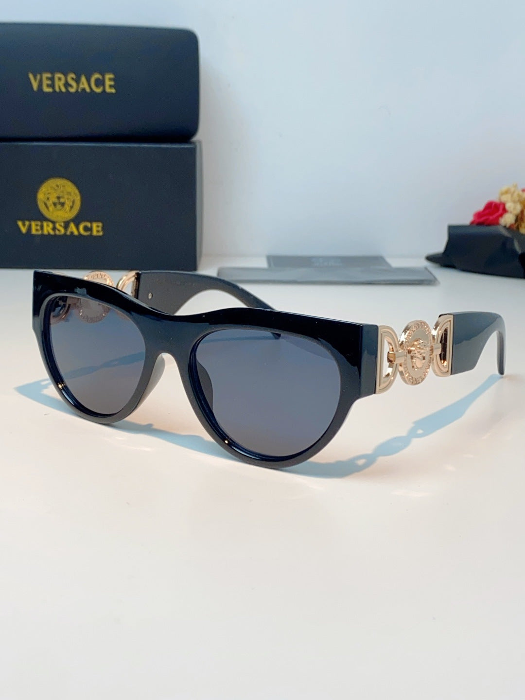 Versace Metal Cat-Eye Blue Lens Sunglasses for Men & Women