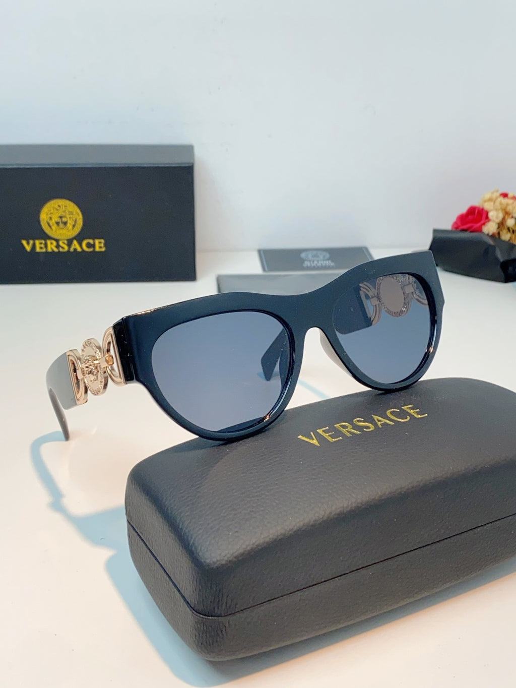 Versace Metal Cat-Eye Blue Lens Sunglasses for Men & Women - detail image 11