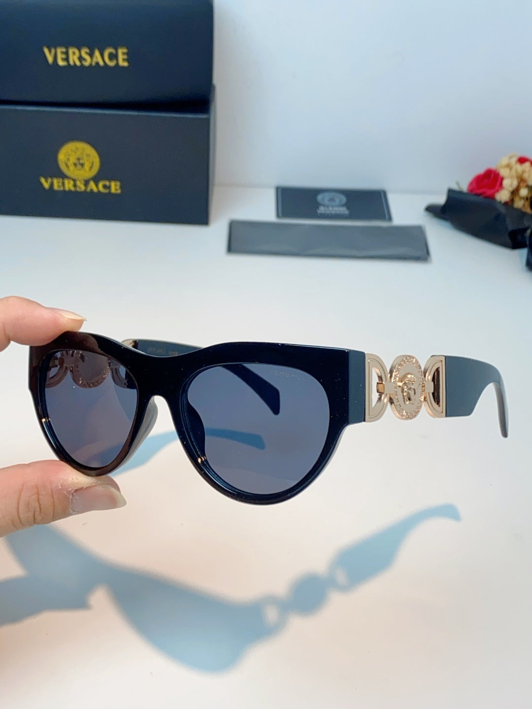 Versace Metal Cat-Eye Blue Lens Sunglasses for Men & Women - detail image 6