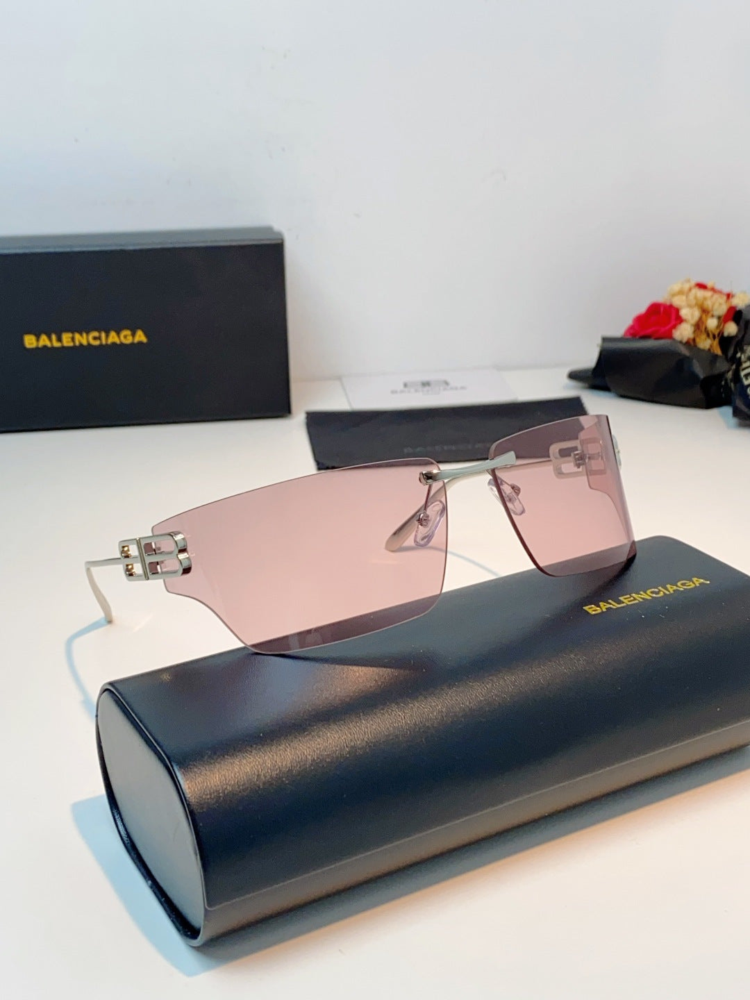 Balenciaga Lightweight Rimless Pink Lens Sunglasses for Men & Women - detail image 11