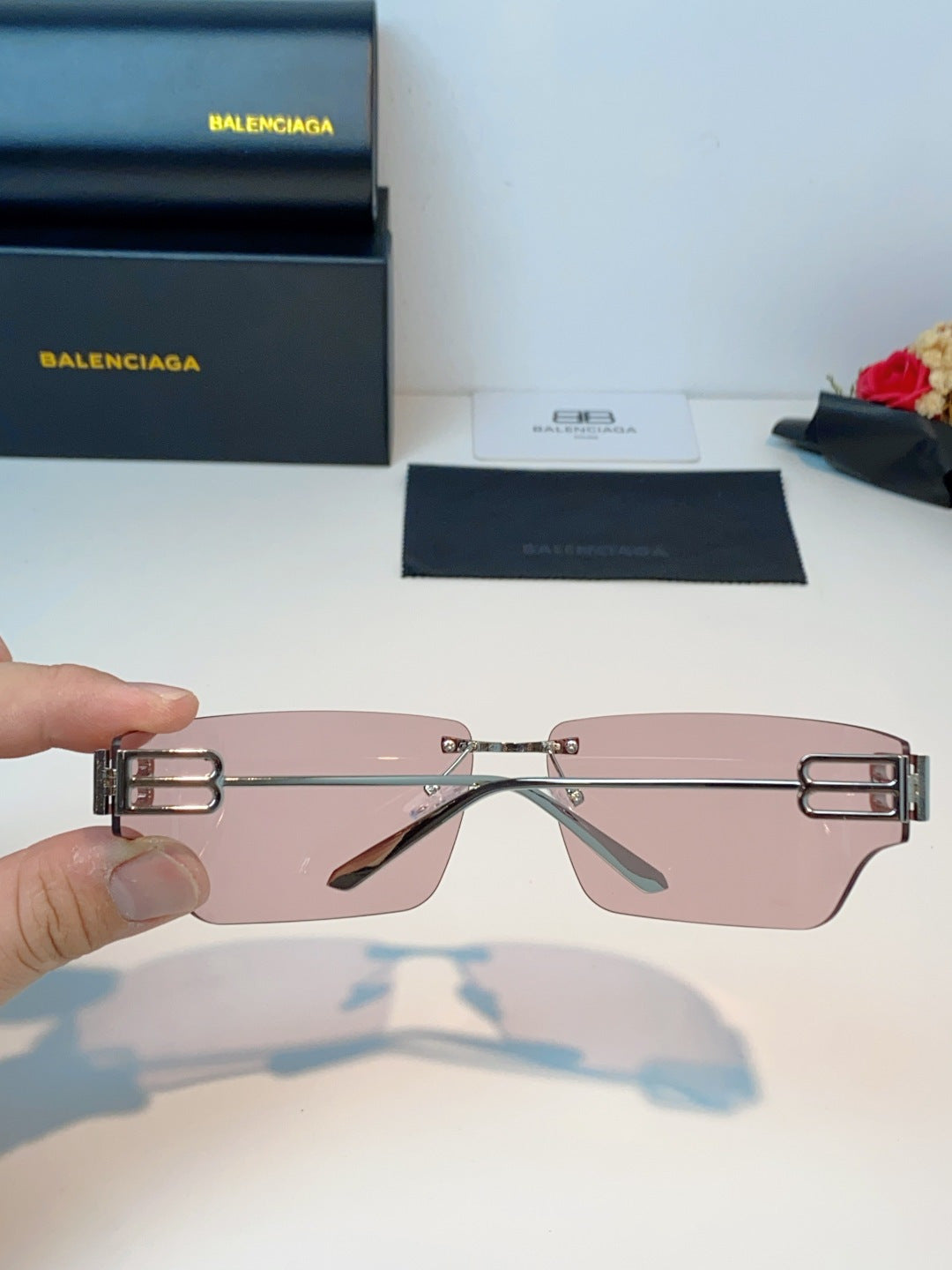 Balenciaga Lightweight Rimless Pink Lens Sunglasses for Men & Women - detail image 5