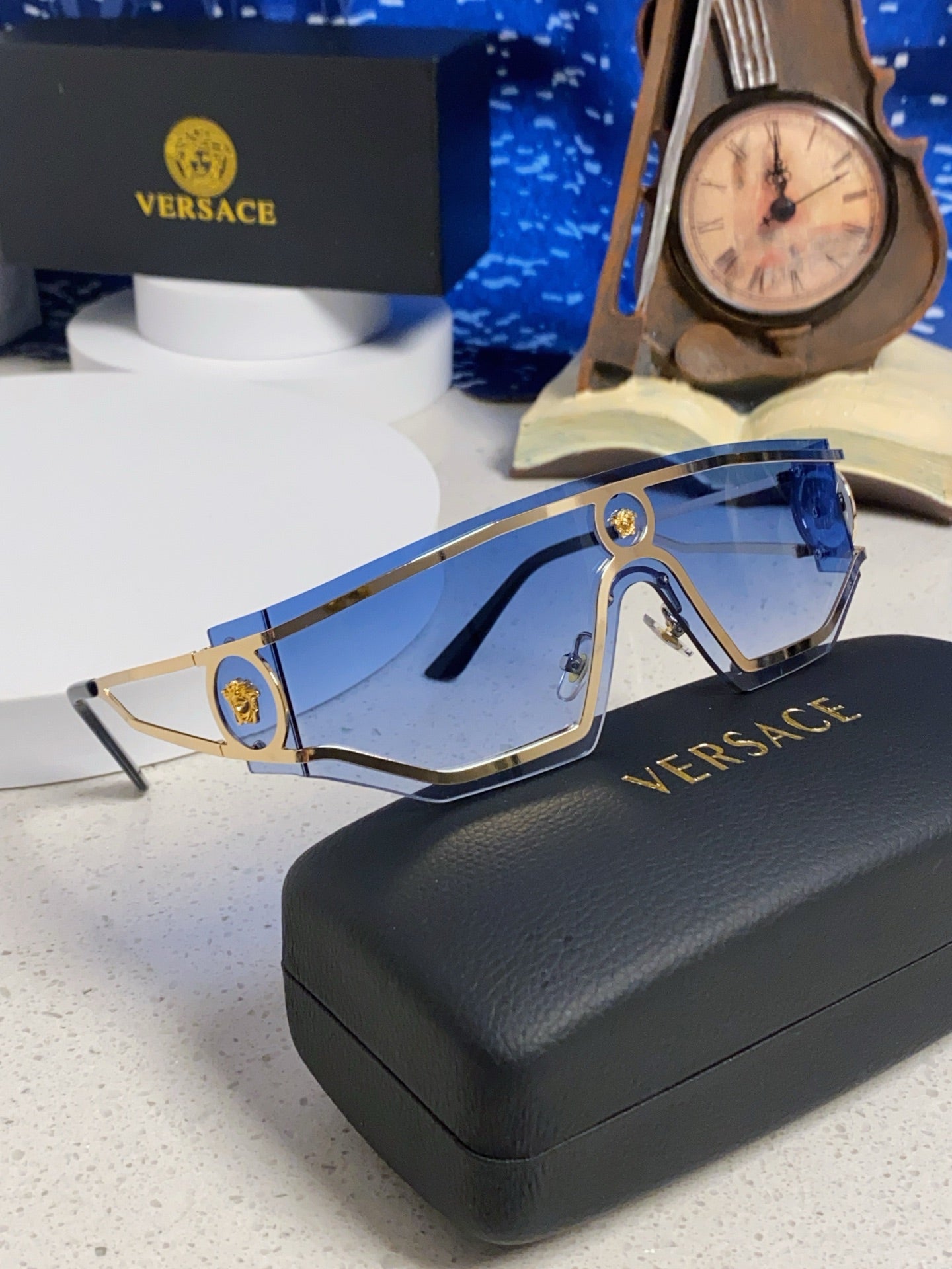 Versace Metal Oversized Blue Lens Sunglasses for Men & Women - detail image 9