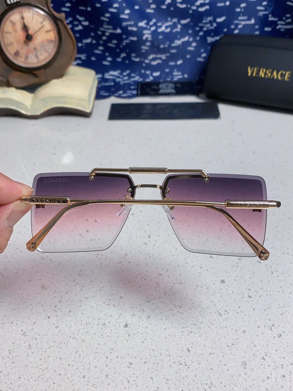 Versace Lightweight Rimless Purple Lens Sunglasses for Men & Women - detail image 4