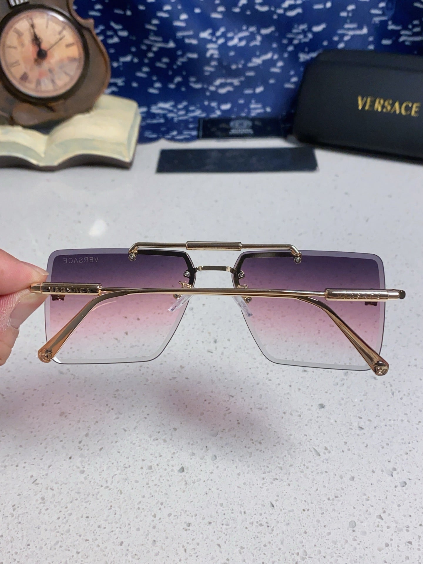 Versace Lightweight Rimless Purple Lens Sunglasses for Men & Women - detail image 4