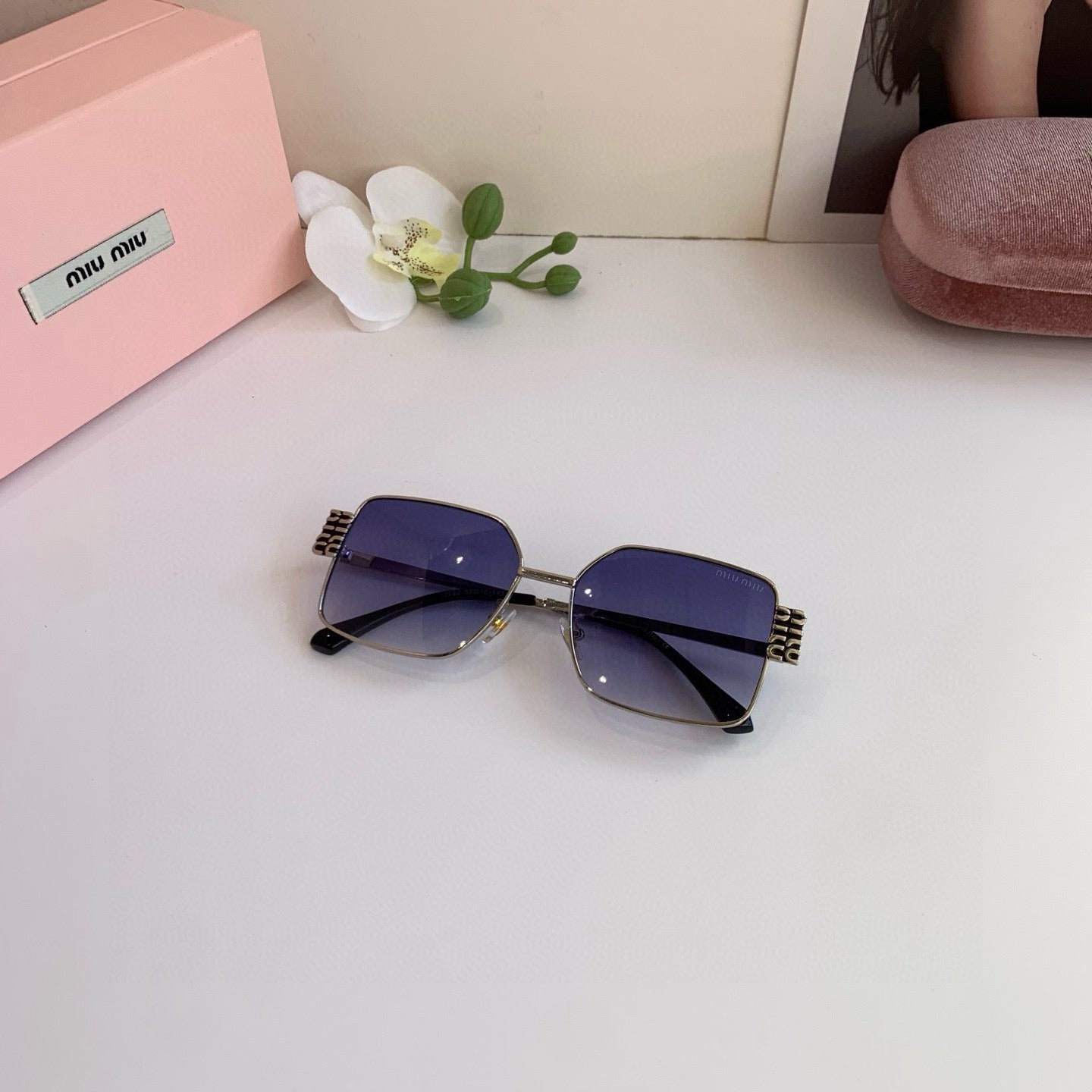 Miu Miu Metal Square Blue Lens Sunglasses for Men & Women