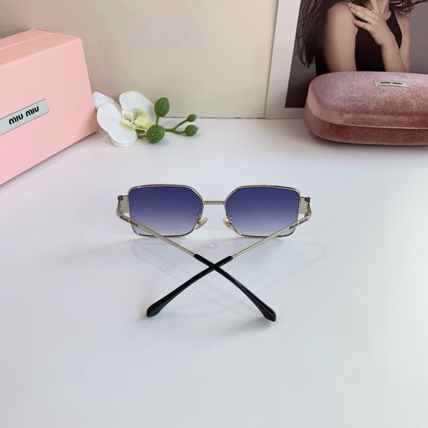 Miu Miu Metal Square Blue Lens Sunglasses for Men & Women - detail image 4