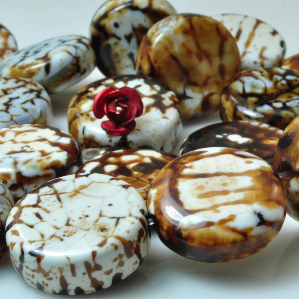 20 pcs of Retro Fire Agate smooth coin beads in 17-19mm length