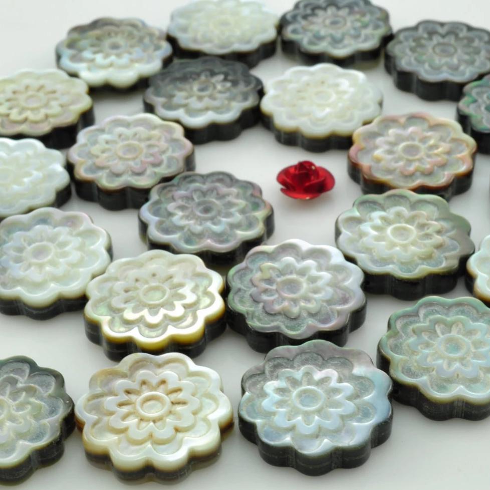 YesBeads Black Shell carved  flower coin beads wholesale gemstone jewelry making