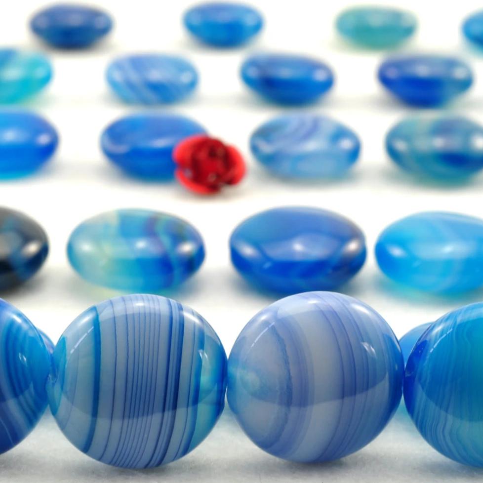 YesBeads Blue Banded Agate smooth coin beads wholesale gemstone jewelry 12mm 15"